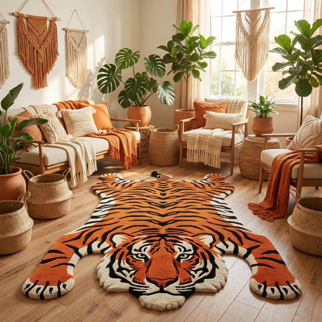 Unique tiger silhouette hand tufted rug with bold jungle animal design for modern home decor __etsy:7837881351