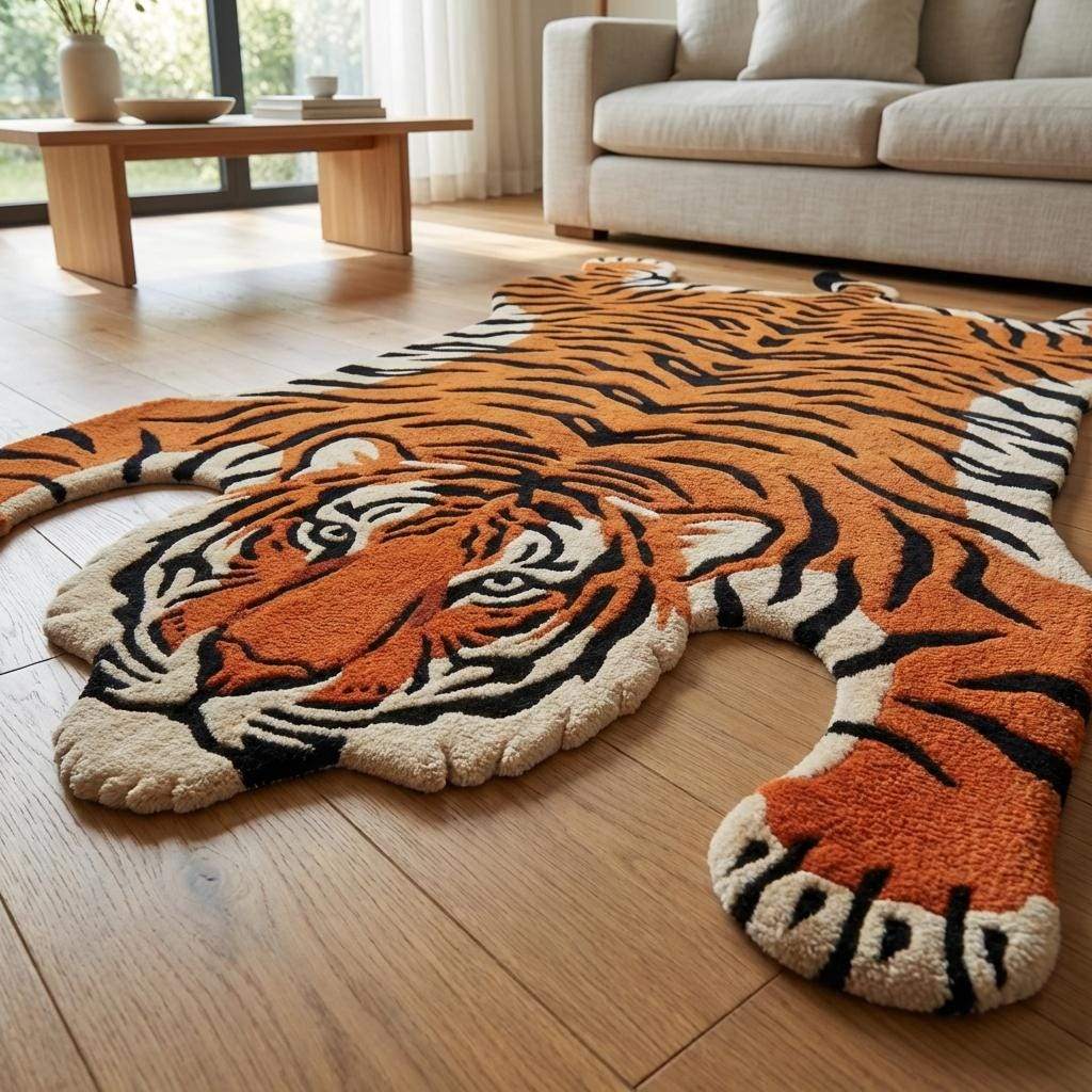 Decorative orange black tiger rug used as animal themed carpet in creative interior space __etsy:7789952488