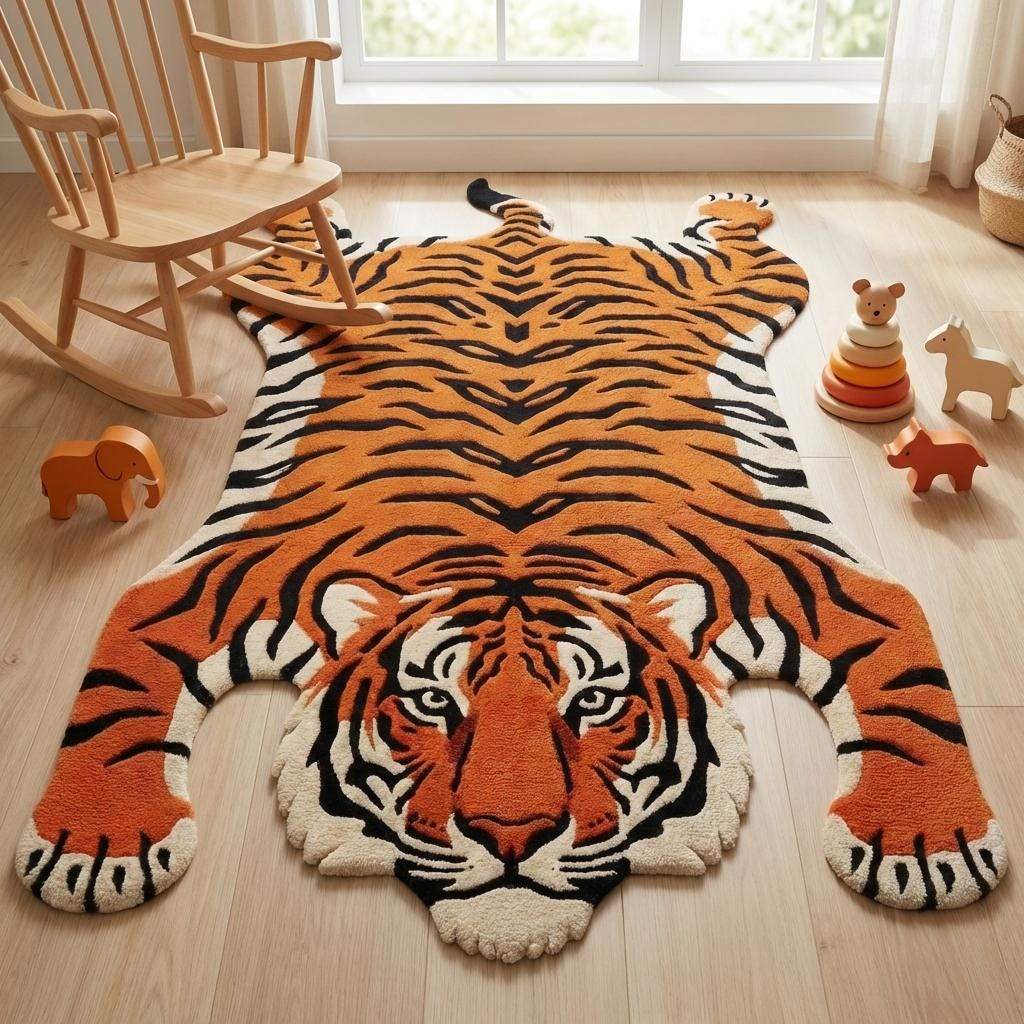 Handmade tufted tiger area rug with sculpted animal shape placed beside accent chair in modern room __etsy:7837881403