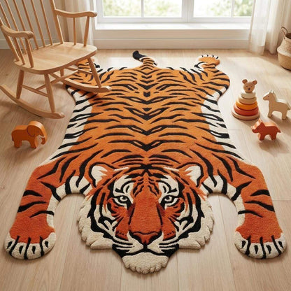 Handmade tufted tiger area rug with sculpted animal shape placed beside accent chair in modern room __etsy:7837881403