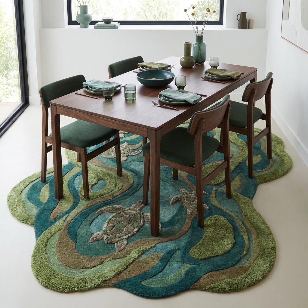 Hand tufted wool turtle rug with coastal teal and green tones for kids room decor