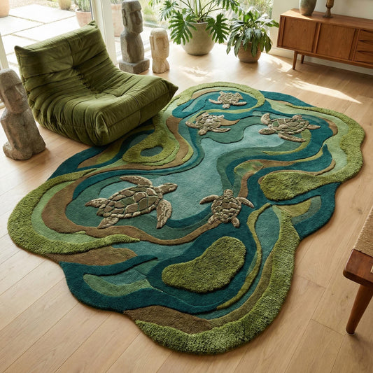 Hand tufted wool turtle rug in organic ocean shape with teal and green coastal tones styled in modern kids room
