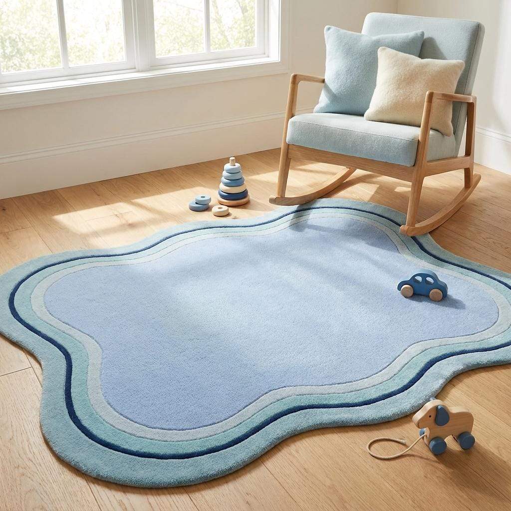 Retro inspired organic modern carpet with soft plush wool pile and flowing curved border pattern __etsy:8036548882