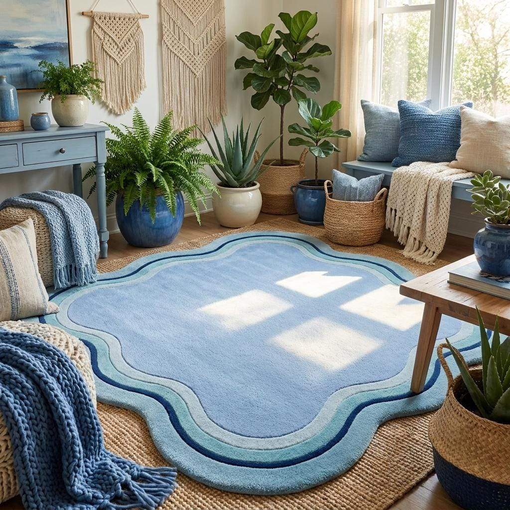 Scandinavian style hand tufted wool rug with calming blue tones and artistic organic silhouette __etsy:8036548854