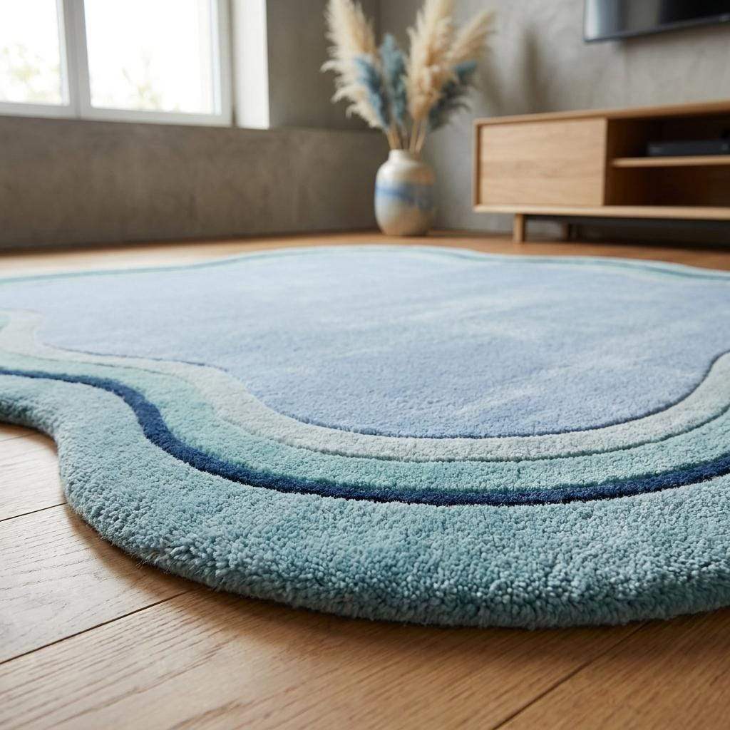 Hand Tufted Wavy Blue Rug, Organic Shape Area Carpet for Modern Living Room Retro Nordic Decor __etsy:8036548834