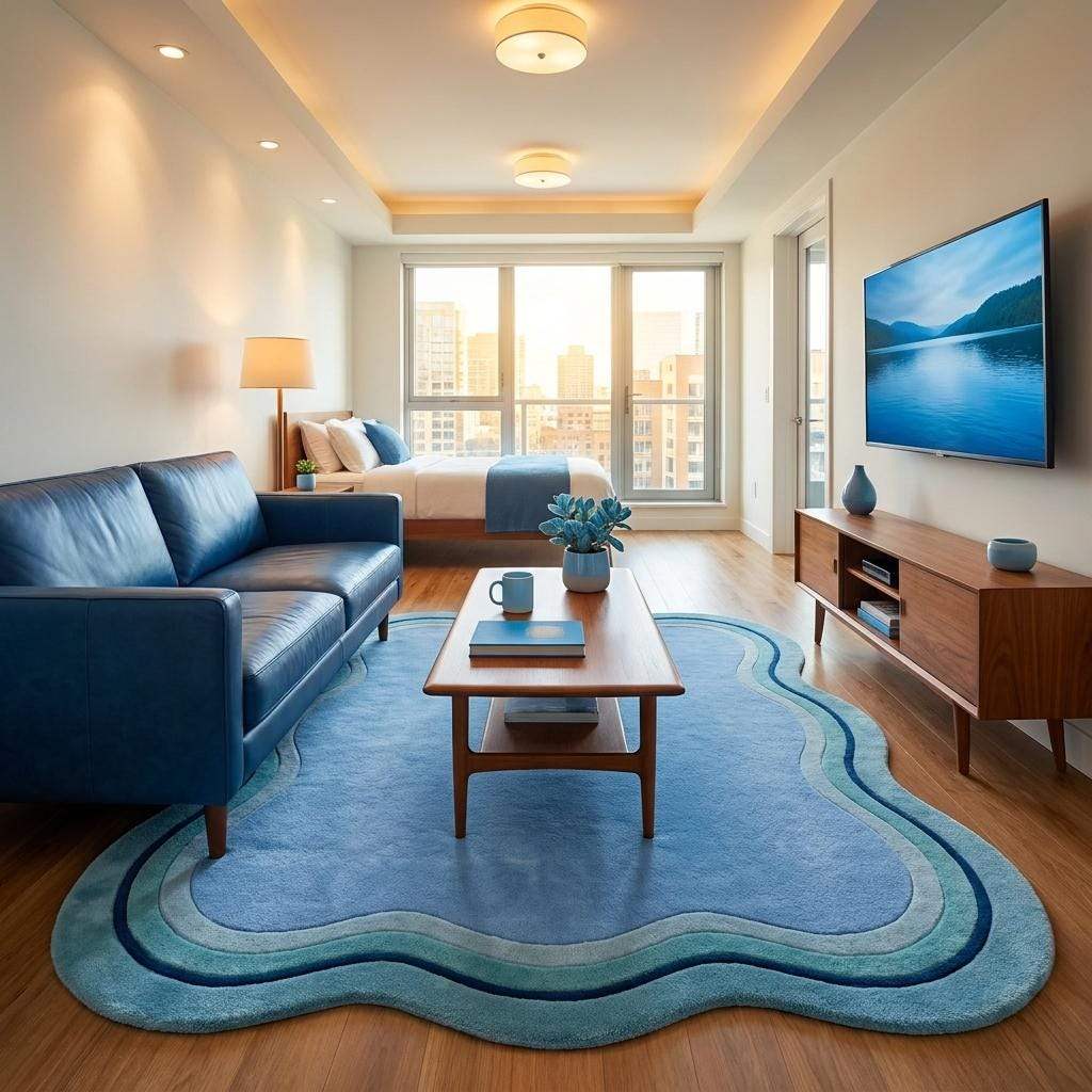 Contemporary wavy area rug designed for minimalist bedroom, studio apartment, or modern living room decor __etsy:8036548868