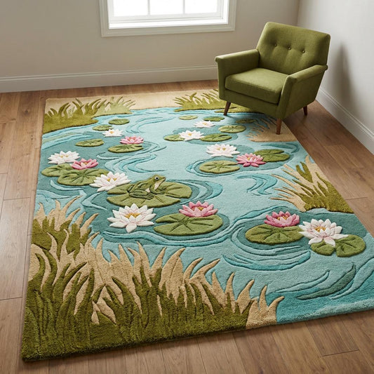 Hand tufted wool area rug featuring aqua lily pond design with sculpted lily pads, pink water lilies, and frog motif in botanical nursery setting