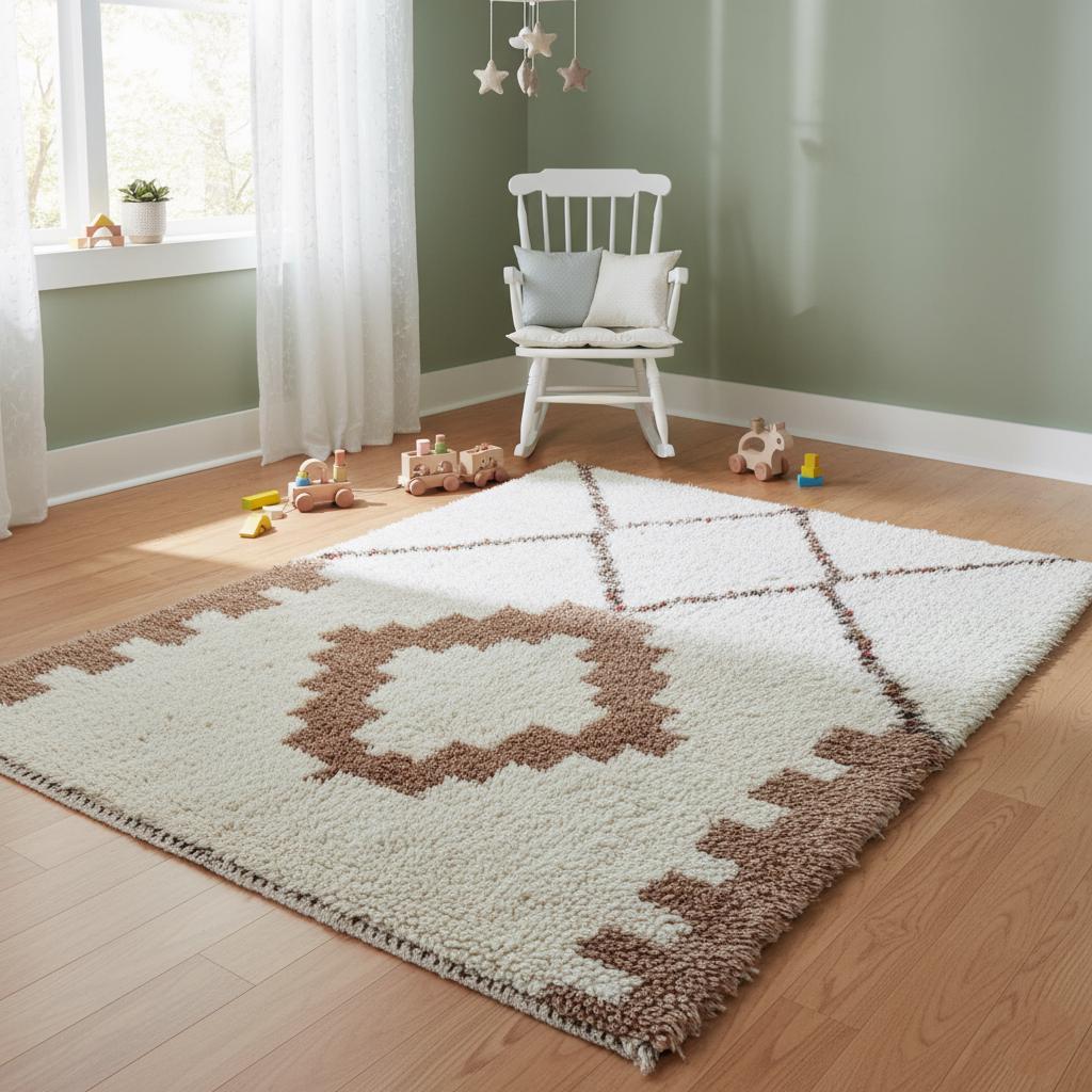 Neutral ivory and warm beige boho wool rug with minimalist Moroccan design on floor.
