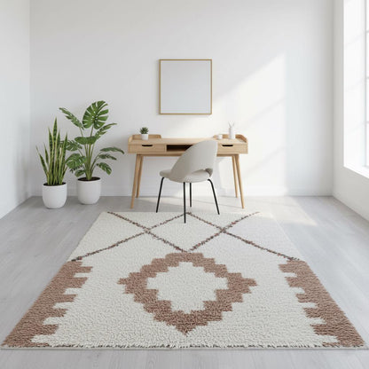 Geometric Moroccan style area rug in ivory beige wool, perfect for modern home décor.