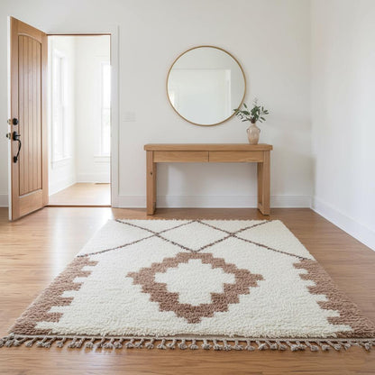 Living room floor carpet hand-tufted wool in ivory background with beige Moroccan motif.