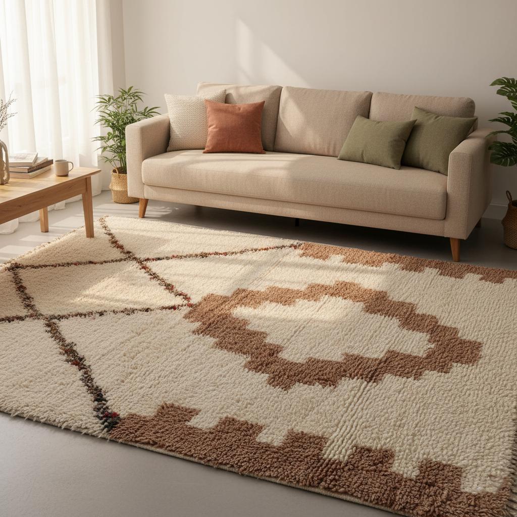 Modern Moroccan living room rug wool, ivory & beige tones, housewarming gift décor piece.