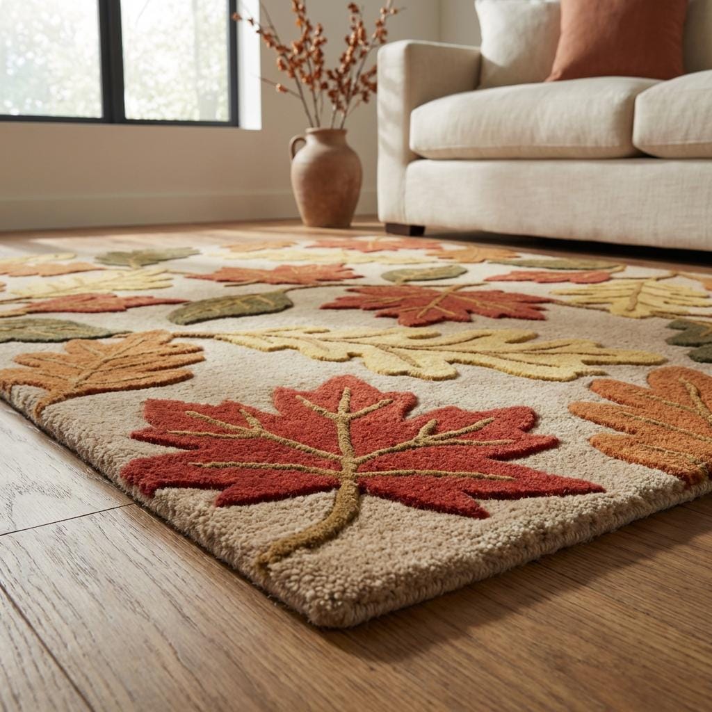 Hand tufted wool rug with autumn leaf design in rust, mustard, and olive tones on beige background