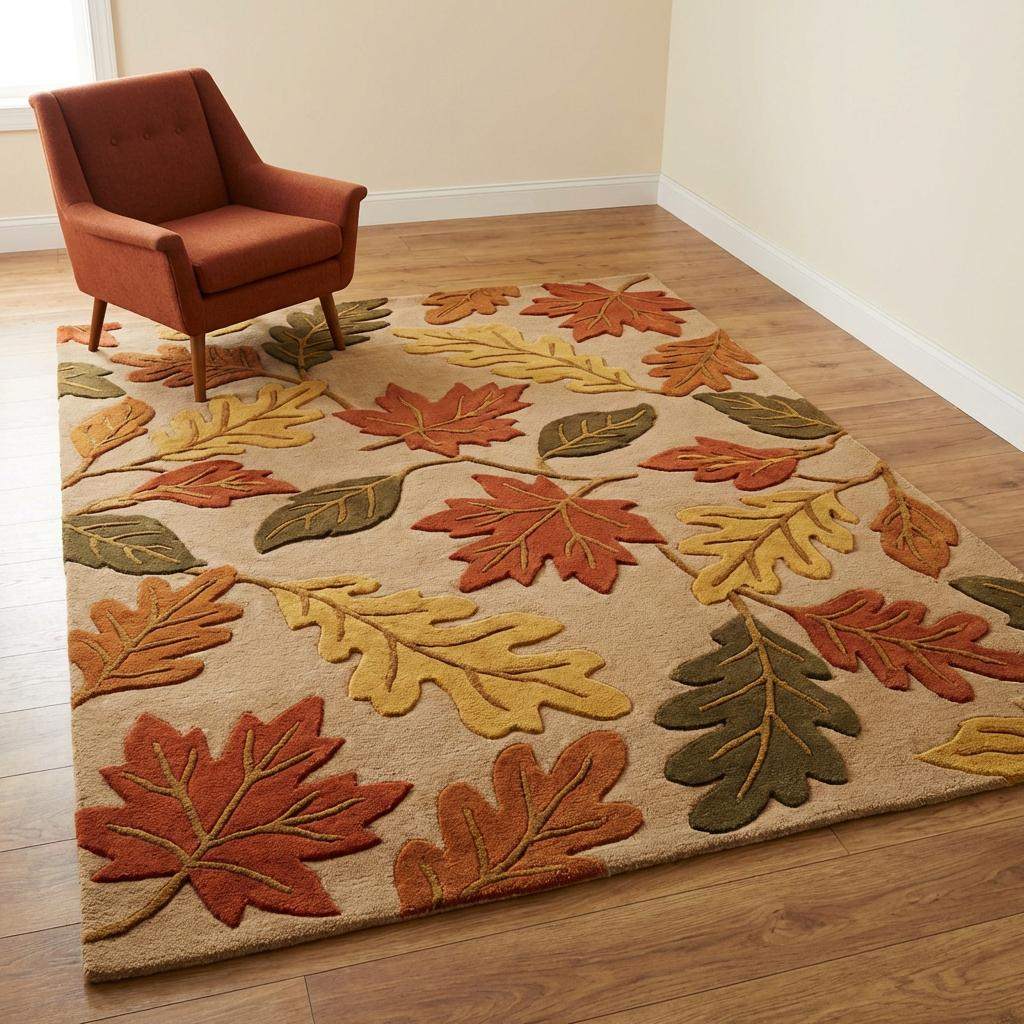 Hand tufted wool area rug with autumn leaf pattern in rust, mustard, and olive tones on beige background