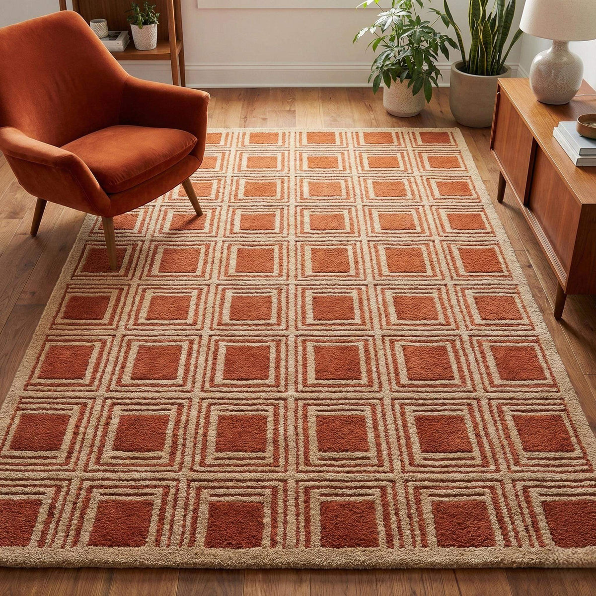 Hand tufted wool geometric rust terracotta area rug with carved square pattern for modern home decor