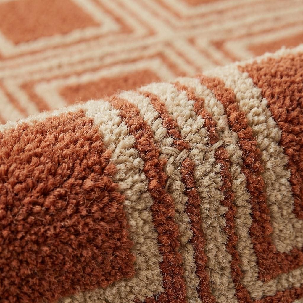 Close-up of hand tufted wool rug showing dense cut pile texture with carved high-low square pattern detailing in rust and cream tones