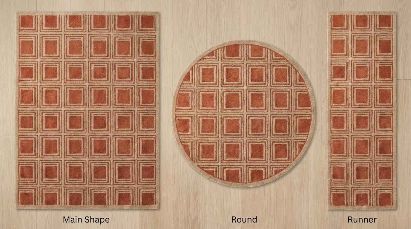 Hand Tufted Wool Geometric Area Rug, Rust Terracotta Modern Square Pattern Carpet for Living Room Bedroom Home Decor