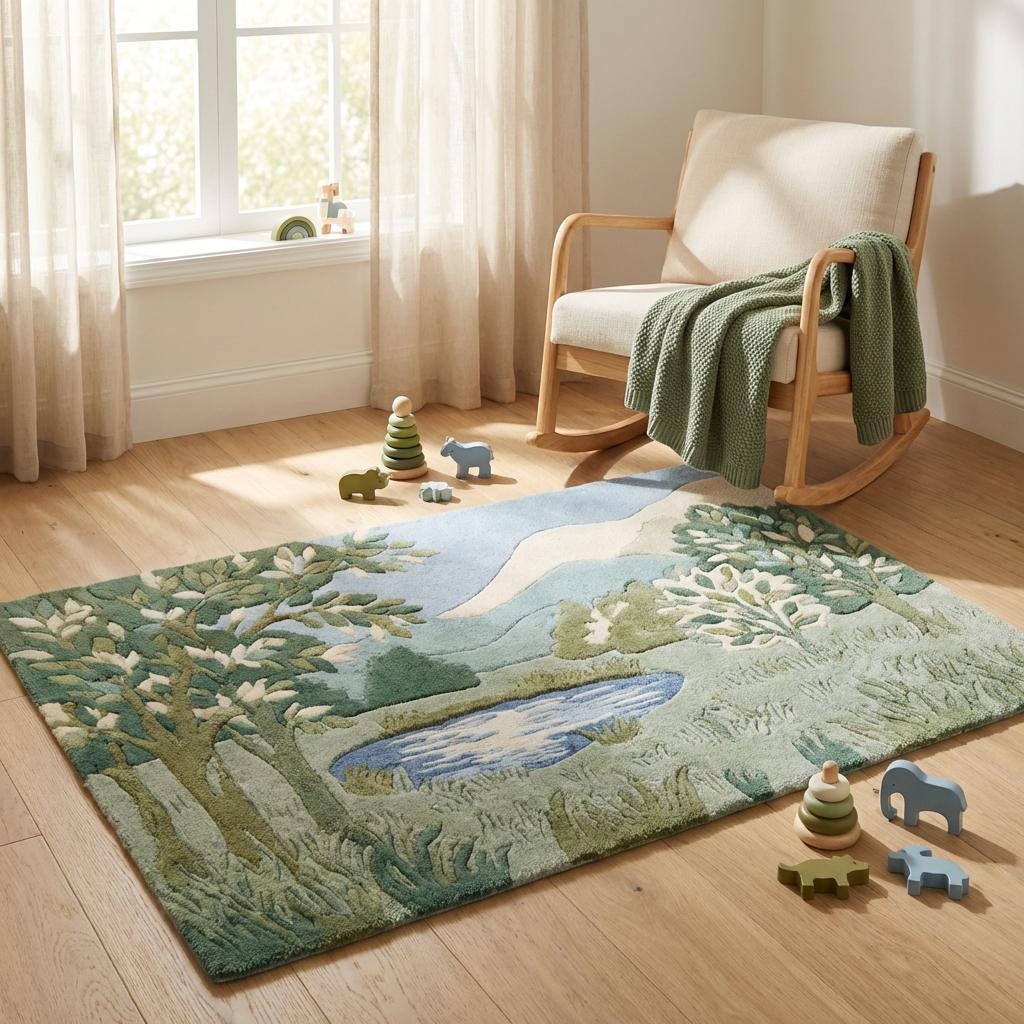 Hand tufted wool landscape rug with carved high-low pile and green botanical design for living room