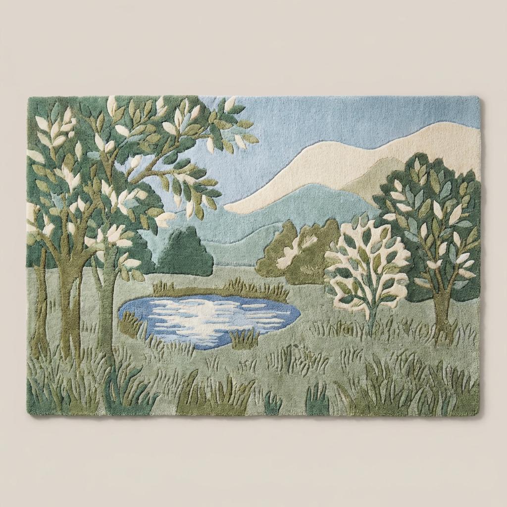 Hand tufted wool landscape rug with carved high low pile green botanical design for living room