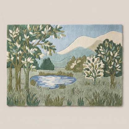 Hand tufted wool landscape rug with carved high low pile green botanical design for living room