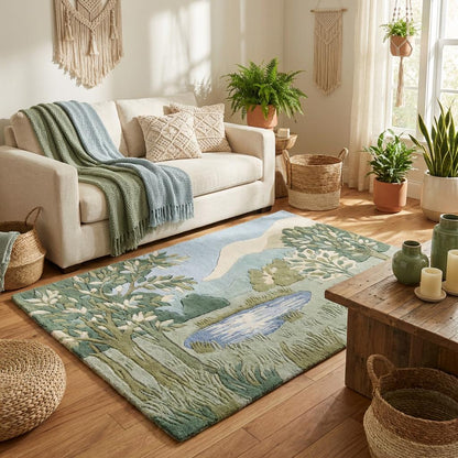 Hand tufted wool landscape rug with carved high low pile in green botanical design for living room