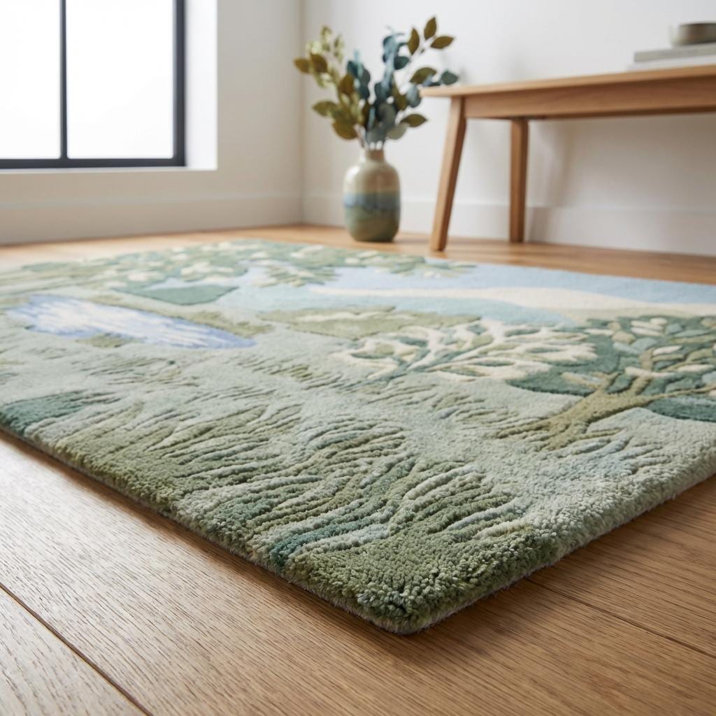 Hand tufted wool landscape rug with carved high-low green botanical design in living room