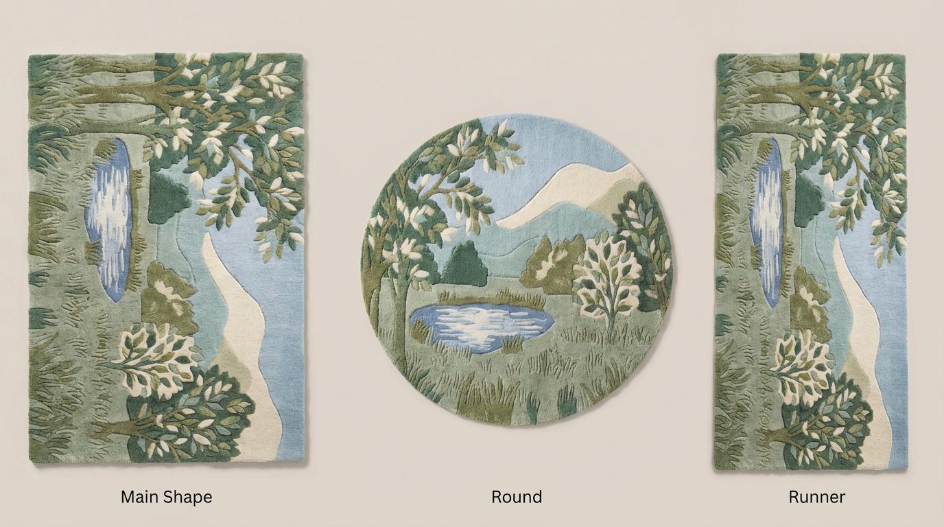 Hand tufted wool landscape rug with carved high low pile green botanical design in living room
