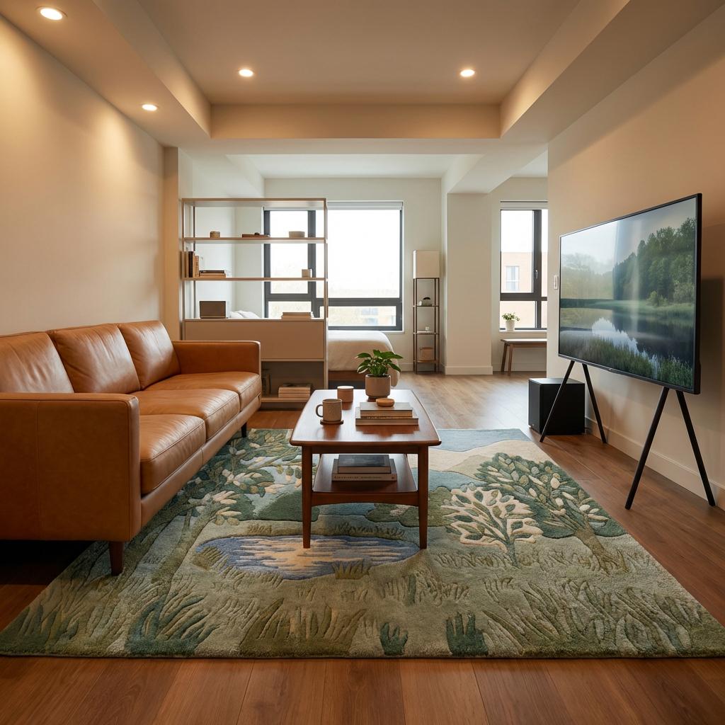 Hand tufted wool landscape rug with carved high low pile green botanical design in living room