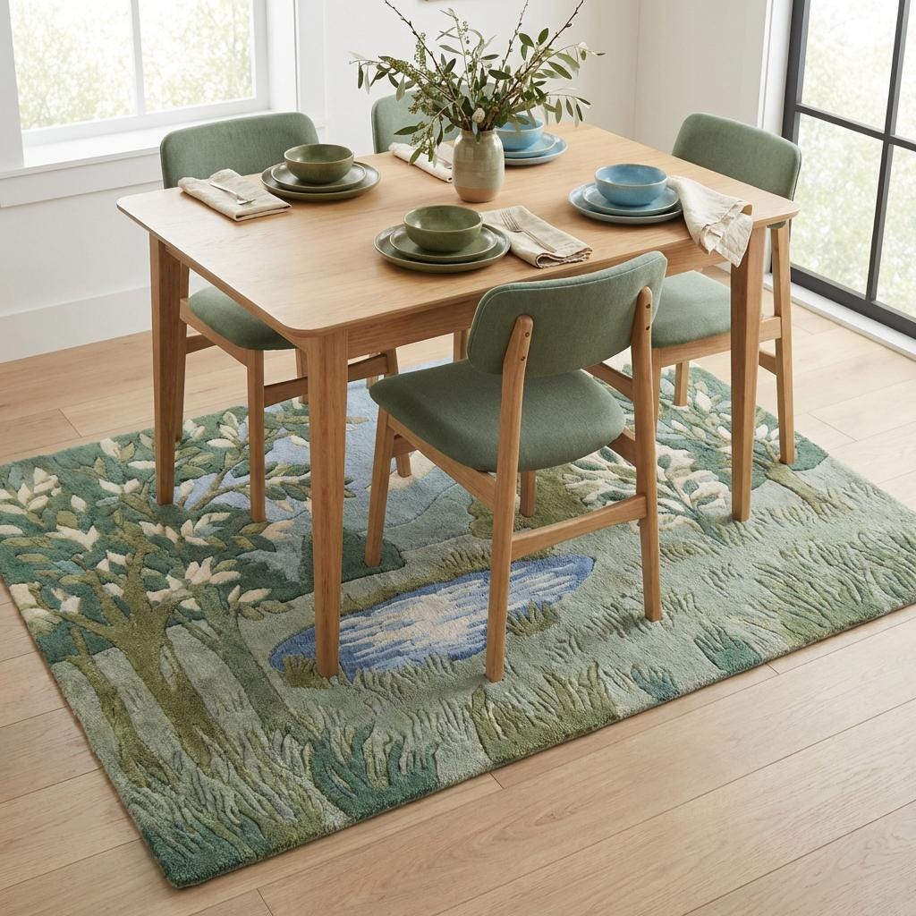Hand tufted wool landscape rug with carved high-low green botanical design in living room