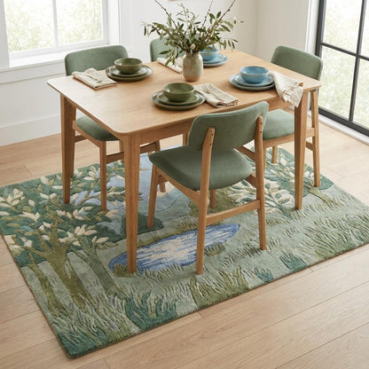 Hand tufted wool landscape rug with carved high-low green botanical design in living room