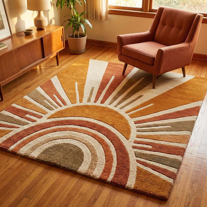 Hand tufted wool modern area rug with abstract sunburst pattern for living room decor