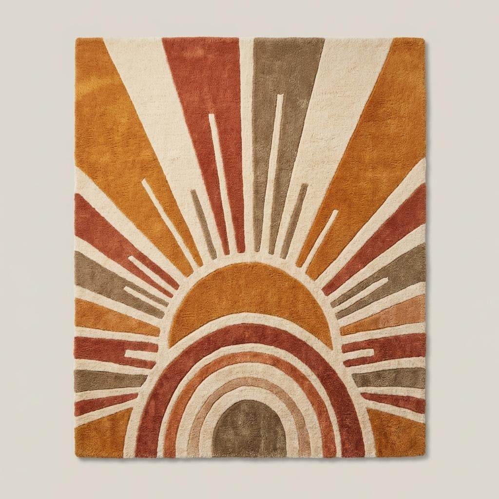 Modern mid century inspired wool rug featuring warm terracotta and mustard tones