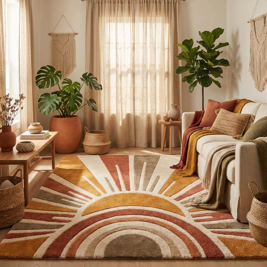 Plush handmade wool rug for living room aesthetic decor with retro abstract pattern