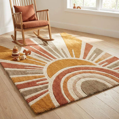 Artistic abstract wool rug adding warmth and texture to minimalist home interiors