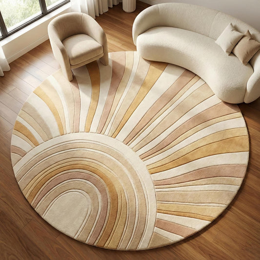 Hand tufted wool round rug with abstract sunburst design in neutral tones for modern interiors