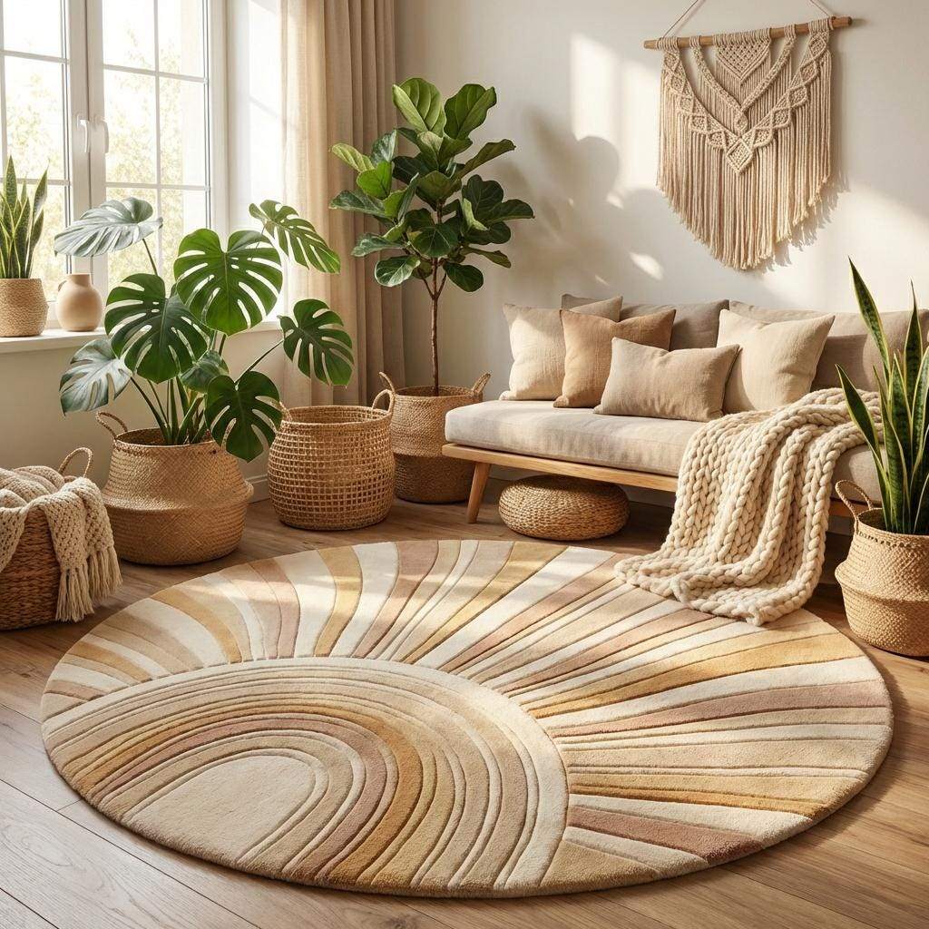 Neutral beige sunburst round carpet creating focal point on wooden floor in minimalist living space.