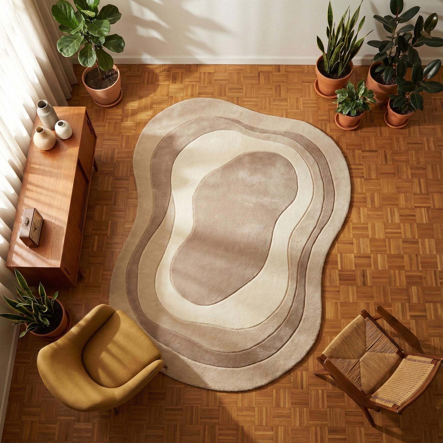 Irregular hand tufted wool rug with organic neutral tones and plush texture for modern Scandinavian decor