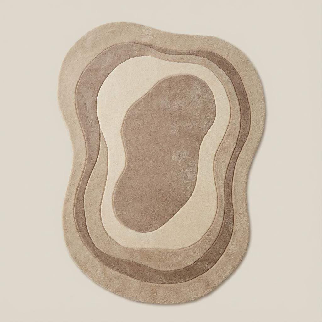 Organic irregular shaped wool rug with sculpted contour design, Scandinavian Japandi home décor