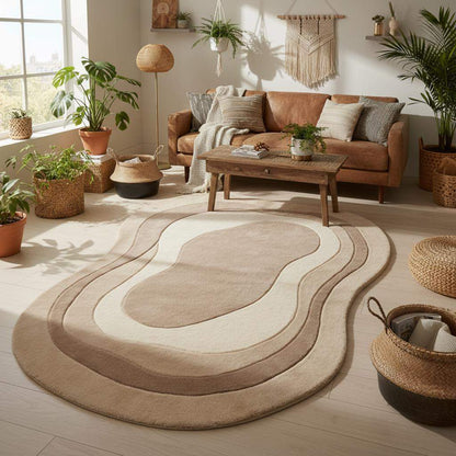 Abstract neutral area rug handmade from wool, freeform irregular shape modern rug
