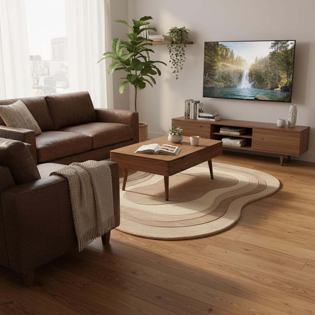Irregular shaped wool rug in beige tones, minimalist Scandinavian living room rug