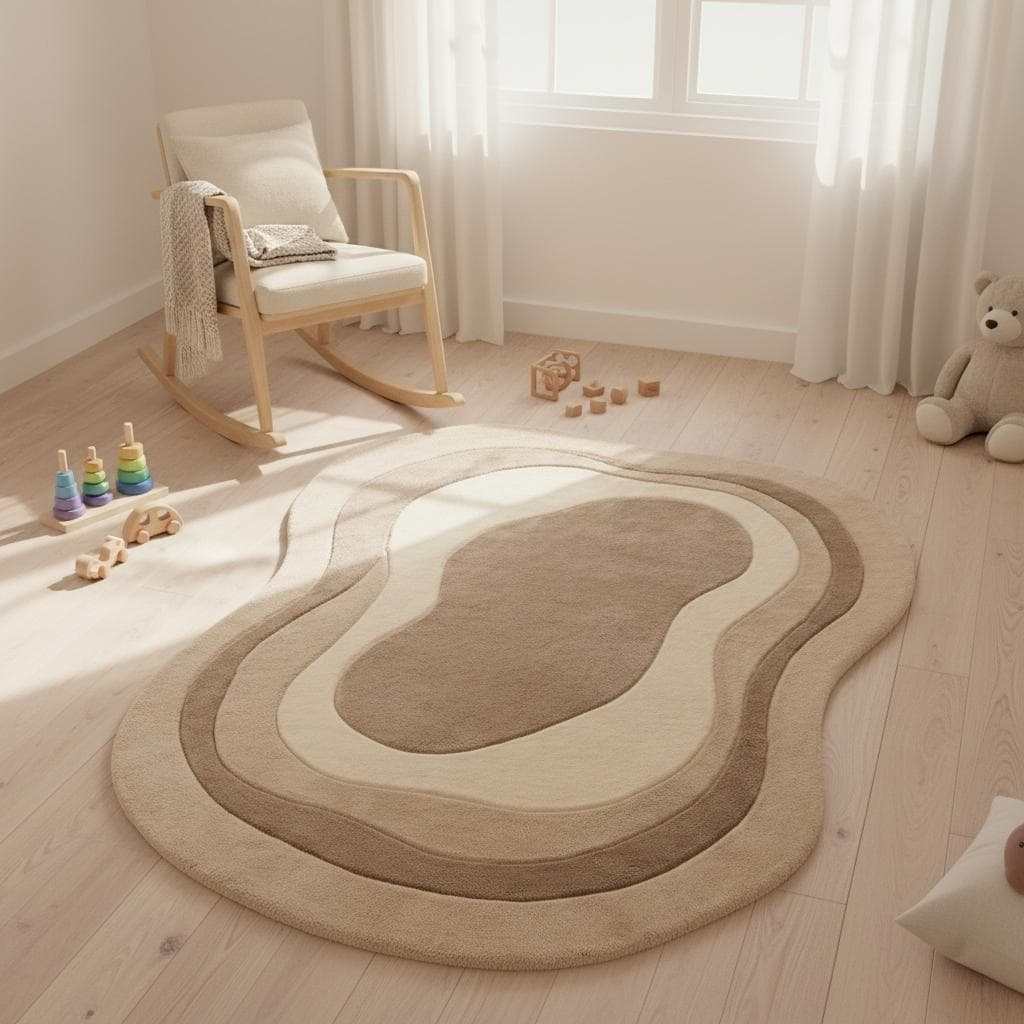 Freeform organic shaped wool rug with plush carved texture, designer style area rug