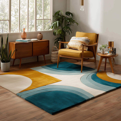 Hand-tufted wool rug with teal and mustard mid-century modern arc design on cream background