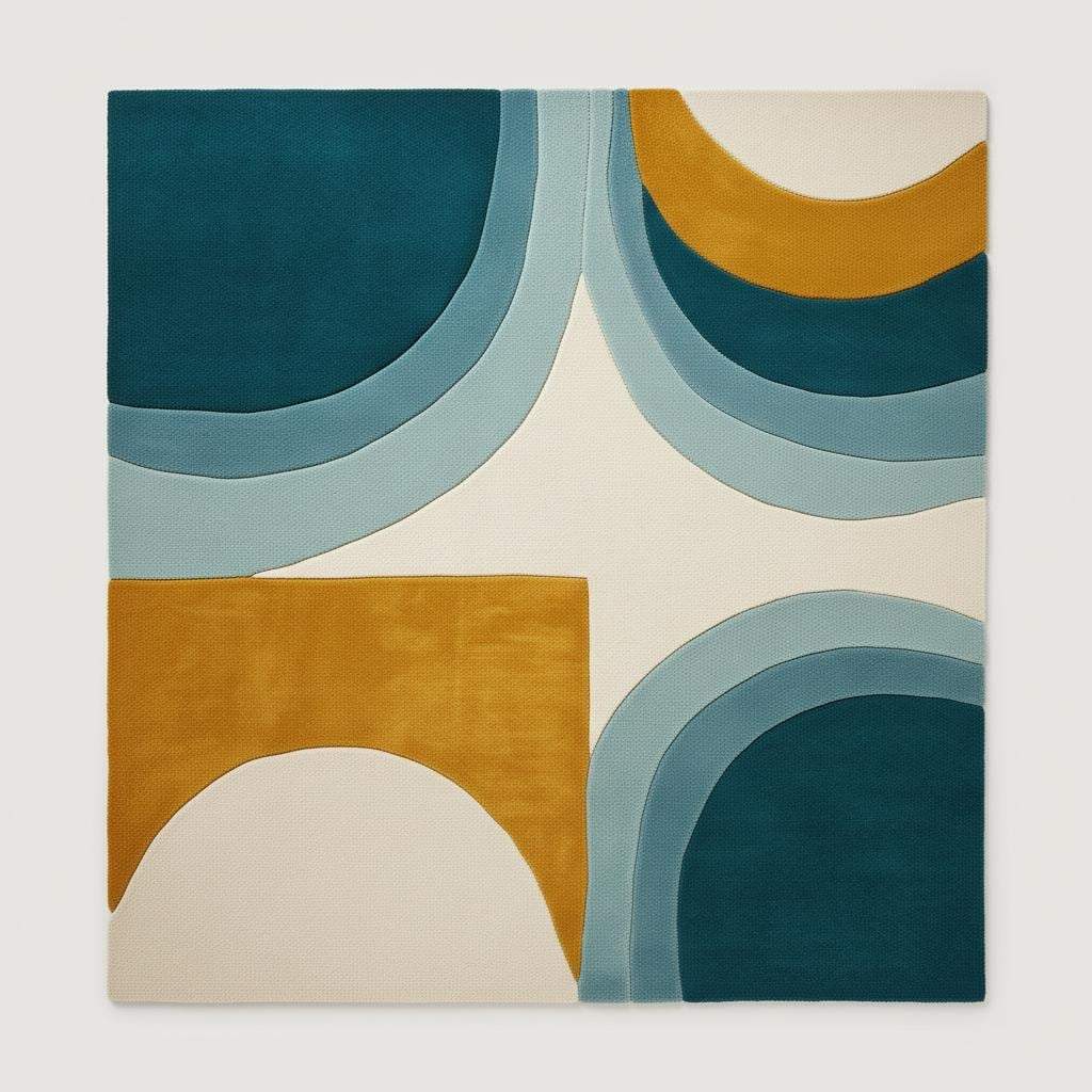 Hand-tufted wool rug with mid-century modern teal and mustard arc design on cream background