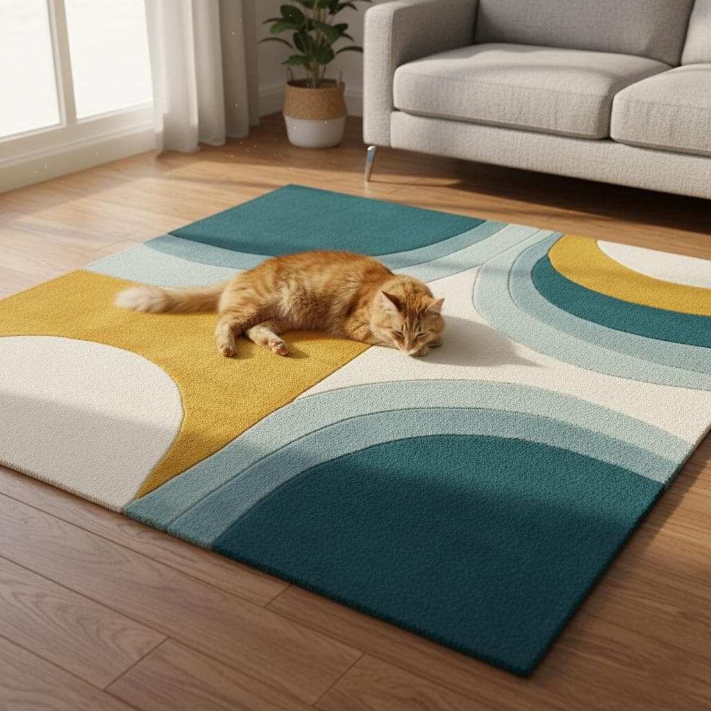 Hand-tufted wool rug with mid-century modern teal and mustard arc design on cream background