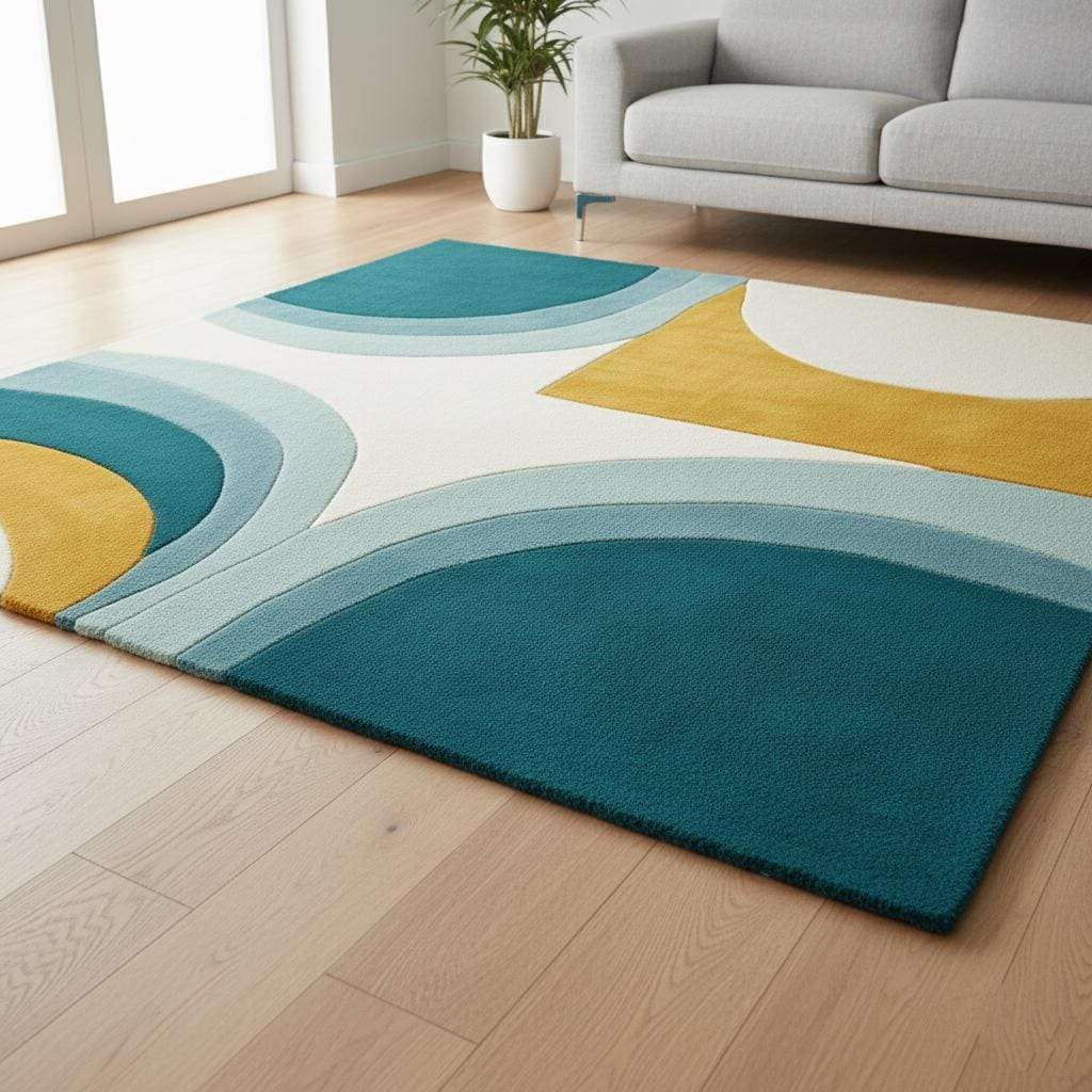 Hand-tufted wool rug with mid-century modern teal, mustard, and cream arc design