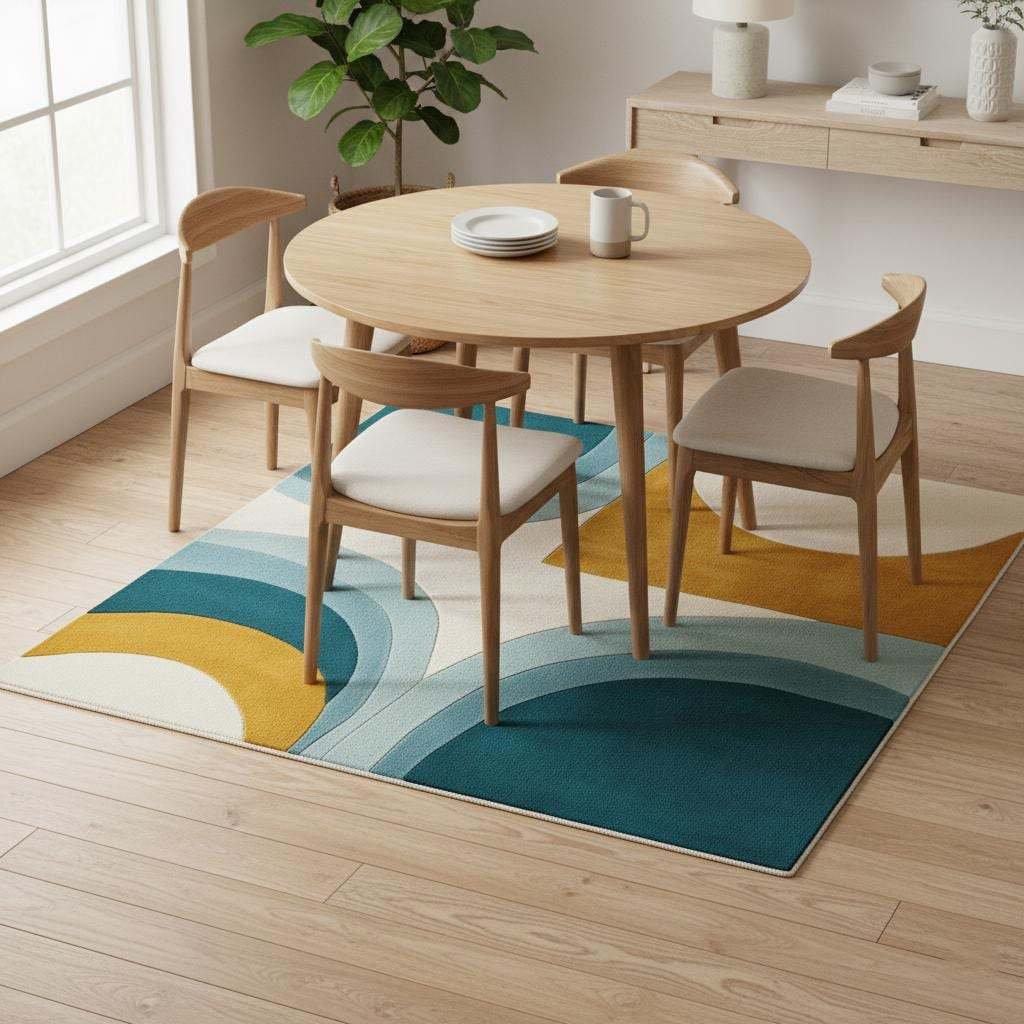 Hand-tufted wool rug with mid-century modern teal and mustard arc design on cream background