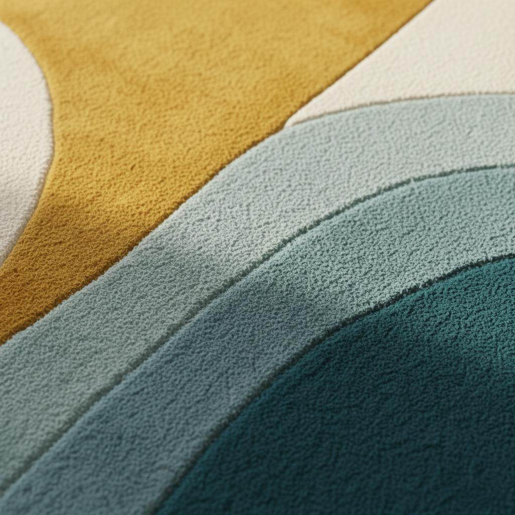 Hand-tufted wool rug with mid-century modern teal and mustard arcs on cream background