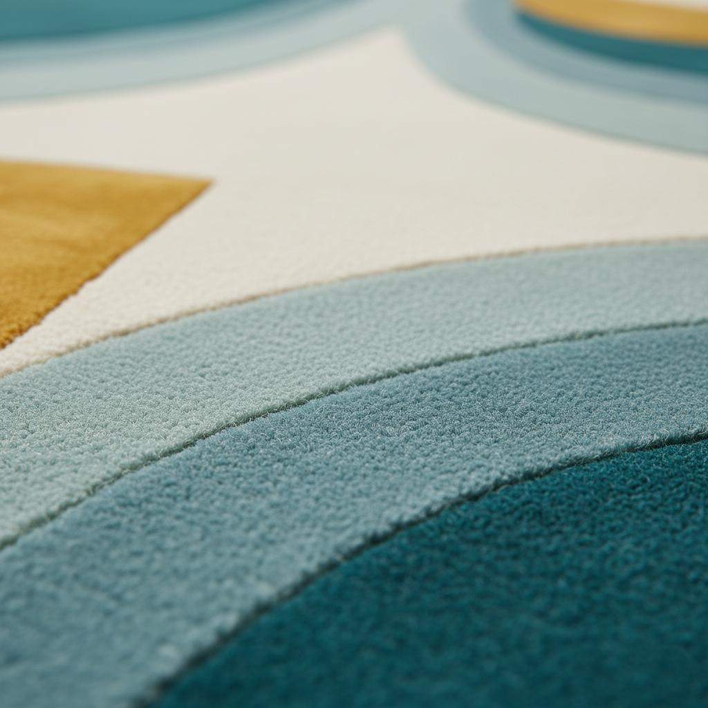 Hand-tufted wool rug with mid-century teal and mustard arc design on cream background