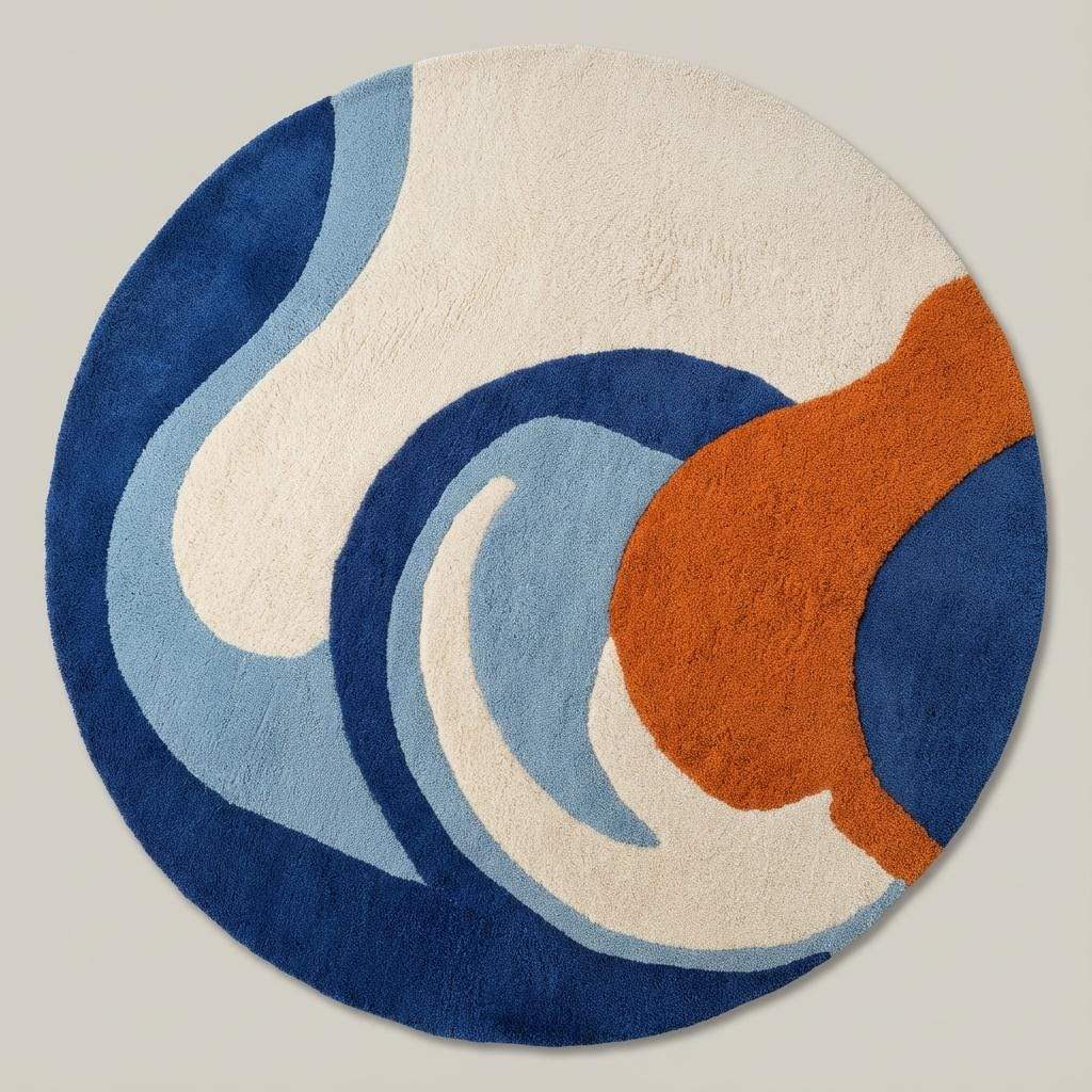 Hand-tufted wool rug with modern abstract blue and orange round design