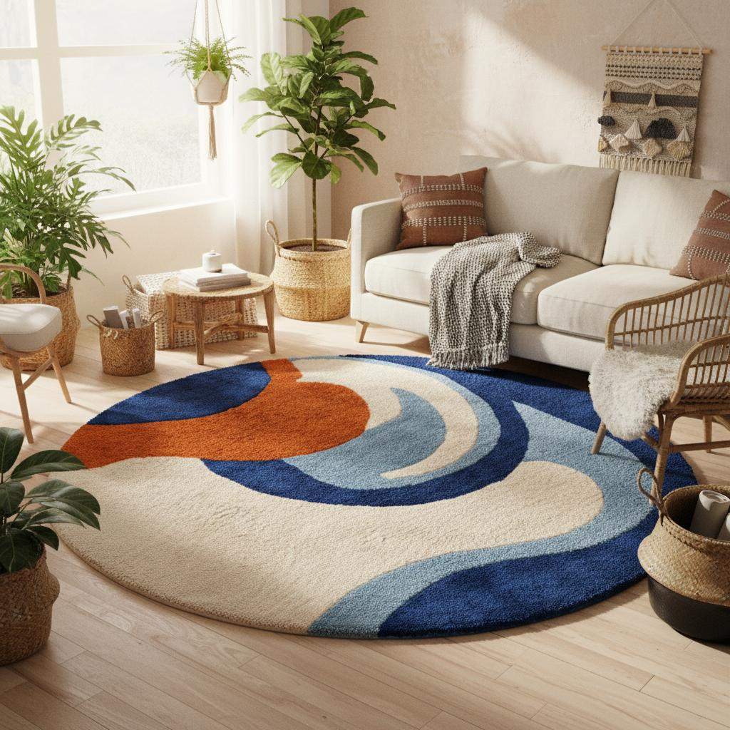Hand-tufted wool rug with modern abstract blue and orange round design on floor