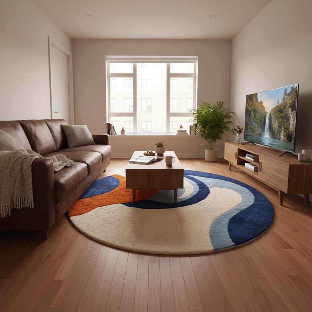 Blue and orange statement living room rug styled with curved sofa, Scandinavian modern décor. __etsy:7455436258
